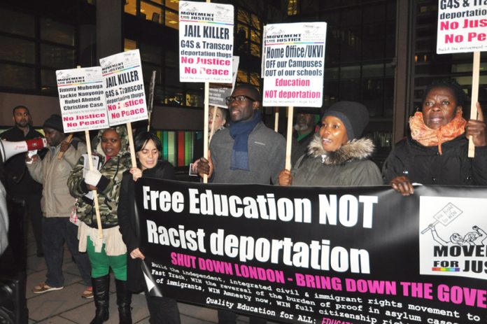 Demonstrators outside the Home Office demanding the prosecution of G4S after the death of Jimmy Mubenga