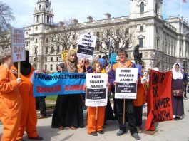 Protest in central London demanding the immediate release of Shaker Aamer who has been held in Guantanamo Bay for 13 years and that the prison be shut