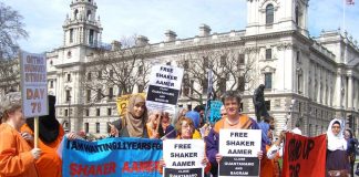 Protest in central London demanding the immediate release of Shaker Aamer who has been held in Guantanamo Bay for 13 years and that the prison be shut