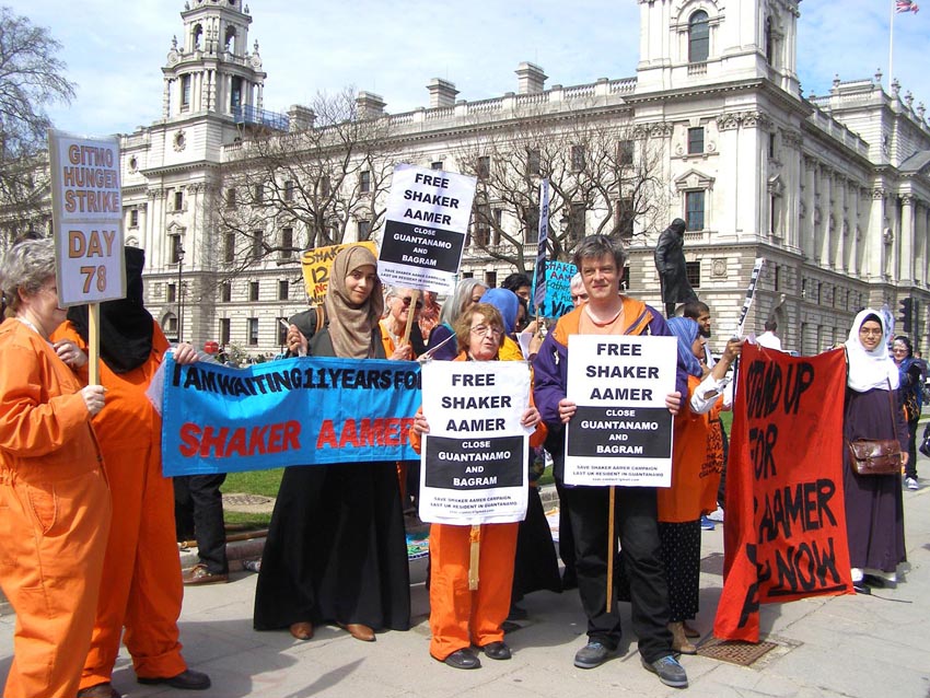 Protest in central London demanding the immediate release of Shaker Aamer who has been held in Guantanamo Bay for 13 years and that the prison be shut