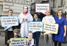 Health workers depicting Prime Minister Cameron and Health Secretary Hunt as Scrooges over the government’s refusal to pay the 1% pay rise to all NHS workers