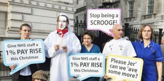 Health workers depicting Prime Minister Cameron and Health Secretary Hunt as Scrooges over the government’s refusal to pay the 1% pay rise to all NHS workers