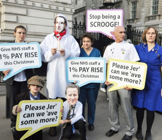 Health workers depicting Prime Minister Cameron and Health Secretary Hunt as Scrooges over the government’s refusal to pay the 1% pay rise to all NHS workers