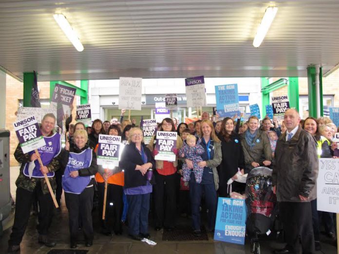 Mass picket of hospital workers in Norwich on the national NHS strike over pay on October 13