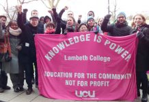 Lambeth College lecturers on yesterday’s picket line at the Clapham campus. They are out on strike again today, and are preparing for their indefinite strike