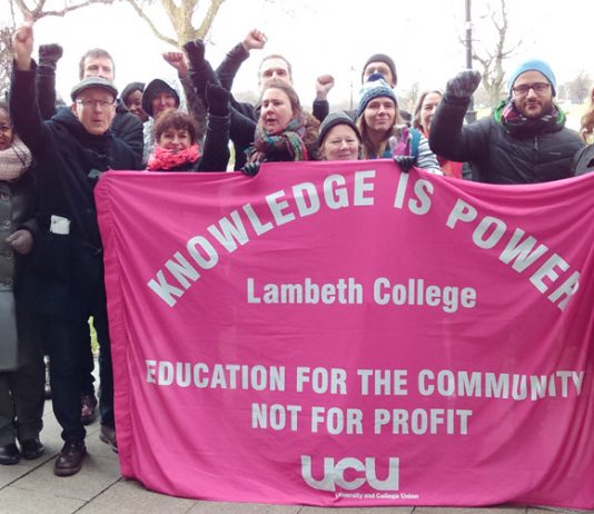 Lambeth College lecturers on yesterday’s picket line at the Clapham campus. They are out on strike again today, and are preparing for their indefinite strike