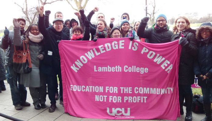 Lambeth College lecturers on yesterday’s picket line at the Clapham campus. They are out on strike again today, and are preparing for their indefinite strike