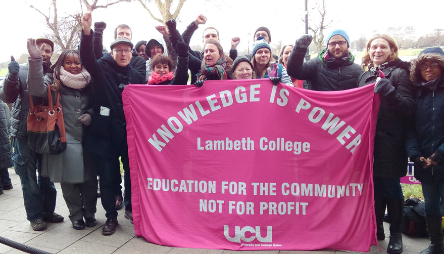 Lambeth College lecturers on yesterday’s picket line at the Clapham campus. They are out on strike again today, and are preparing for their indefinite strike