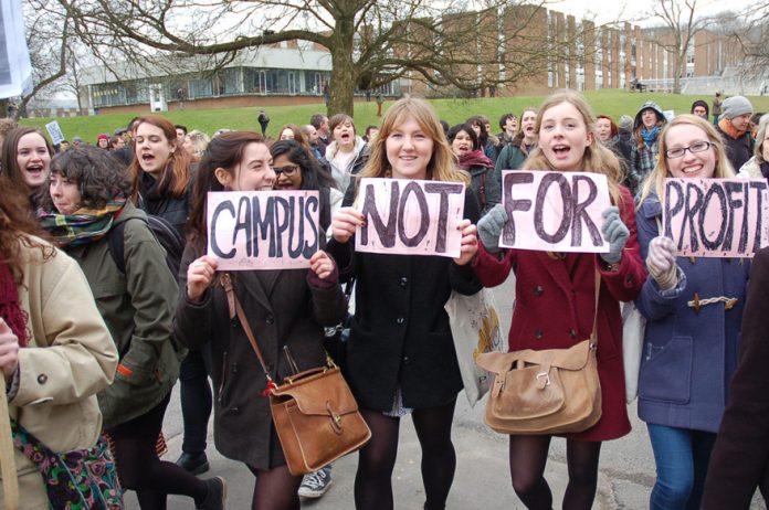 Mass demonstration on the Sussex University campus in support of a student occupation against the privatisation of university services