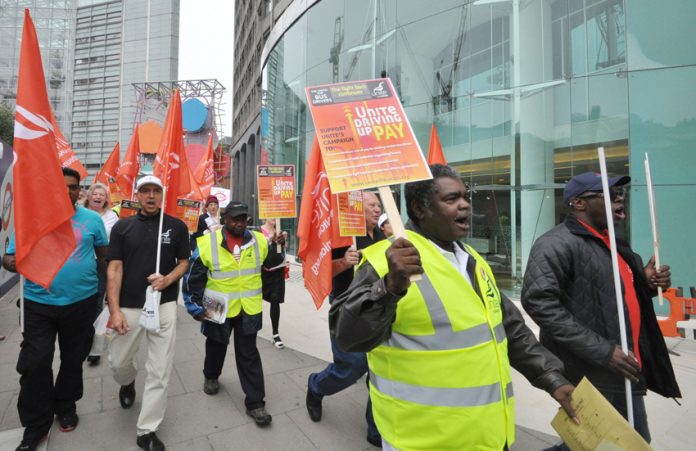 Unite busworkers marching in central London in September at the launch of their ‘Driving Up Pay’ campaign