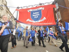 Sheffield lecturers vote for strike action! NASUWT banner on last October’s TUC demonstration – they began a six day strike yesterday at the Merrill Academy in Derby