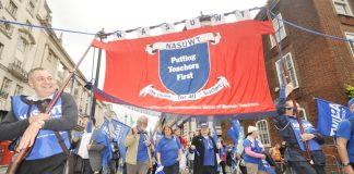 NASUWT banner on last October’s TUC demonstration – they began a six day strike yesterday at the Merrill Academy in Derby