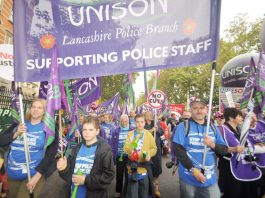 Unison Police Staff To Go On 24-Hour Strike Unison police staff and their families marching against privatisation of the service – they will be striking over pay next Friday