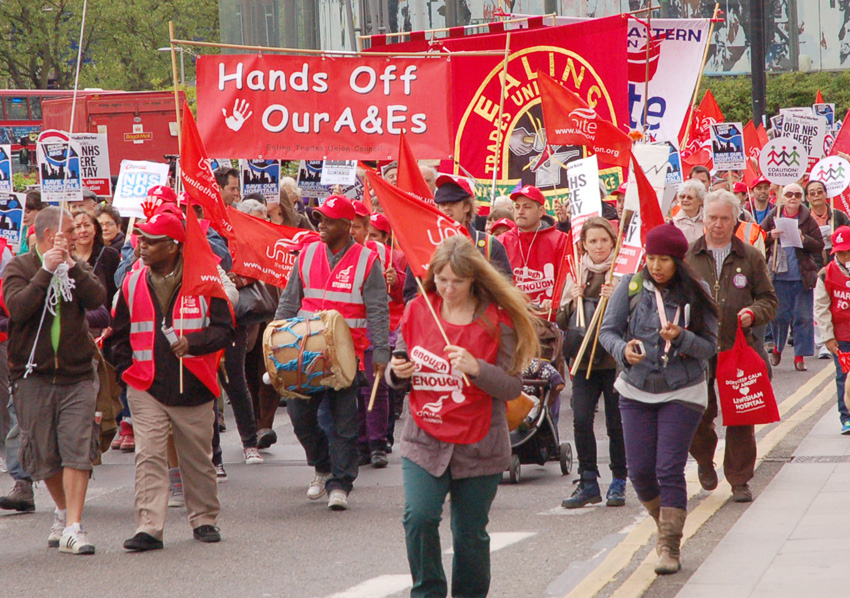 Health workers marching through London in May 2013 – protesting against plans to cut and close A&Es