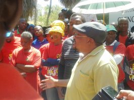NUMSA deputy general secretary KARL CLOETE addressing his members at a rally outside the Glencore mining corporation offices