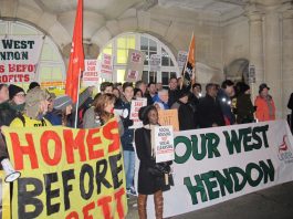 Mass lobby of Hendon Town Hall demanding that their council homes are not sold off to the private sector, where rents will go through the roof