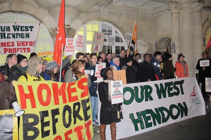 Mass lobby of Hendon Town Hall demanding that their council homes are not sold off to the private sector, where rents will go through the roof