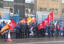 Unite and GMB pickets outside the Royal Hospital in Belfast yesterday morning