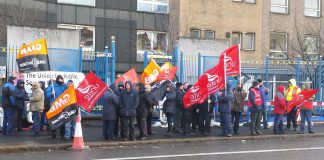 Unite and GMB pickets outside the Royal Hospital in Belfast yesterday morning