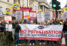 National Gallery staff rally outside the gallery at the start of their strike against privatisation in July last year