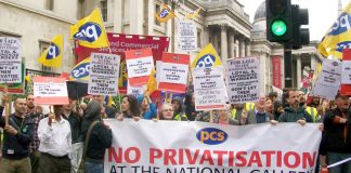 National Gallery staff rally outside the gallery at the start of their strike against privatisation in July last year