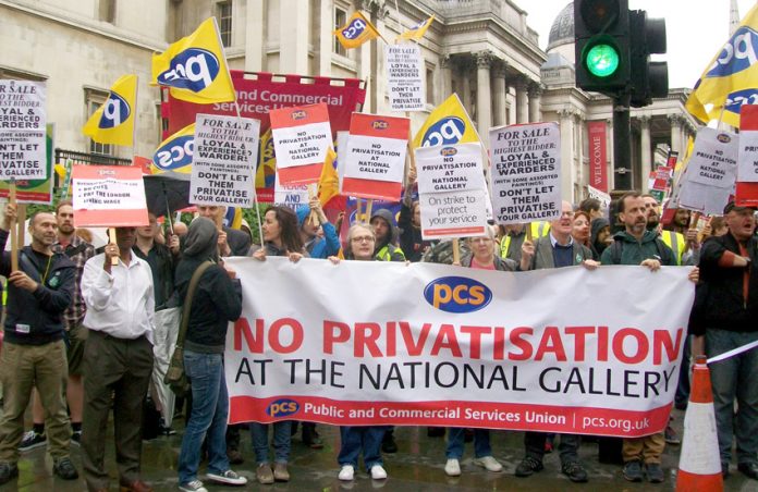 National Gallery staff rally outside the gallery at the start of their strike against privatisation in July last year