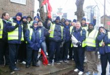 The picket line at Harrow yesterday morning – RMT members respected the picket line