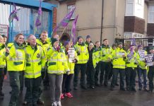 Ambulance workers on the picket line at Deptford Ambulance Station on the first of the national NHS strike days last October