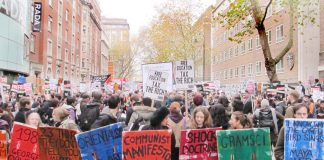 Students on a demonstration in central London fighting against fees demonstrate their defence of the arts