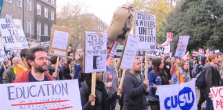 Students demanding that the right to free state education be restored and fees abolished along with the massive student debt