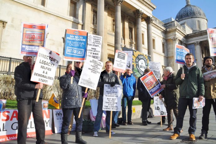 PCS strikers at the National Gallery yesterday morning, the second day of their second 5-day strike for the London Living wage and against privatisation