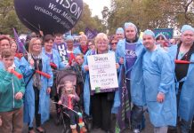 Workers and their familes on last October’s TUC demonstration demanding a living wage – the Bakers Union warn the TUC  to carry out its Congress decision and fight for £10 an hour minimum wage