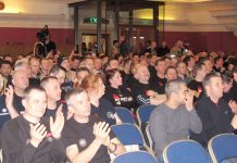 A section of the packed audience of striking firefighters at yesterday’s lunchtime rally at Central Hall, Westminster