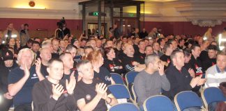 A section of the packed audience of striking firefighters at yesterday’s lunchtime rally at Central Hall, Westminster