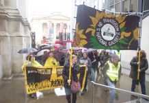 A section of the march of PCS strikers and supporters as they headed from the National Gallery’s Sainsbury wing yesterday