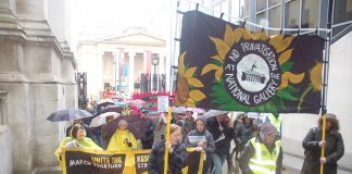 A section of the march of PCS strikers and supporters as they headed from the National Gallery’s Sainsbury wing yesterday