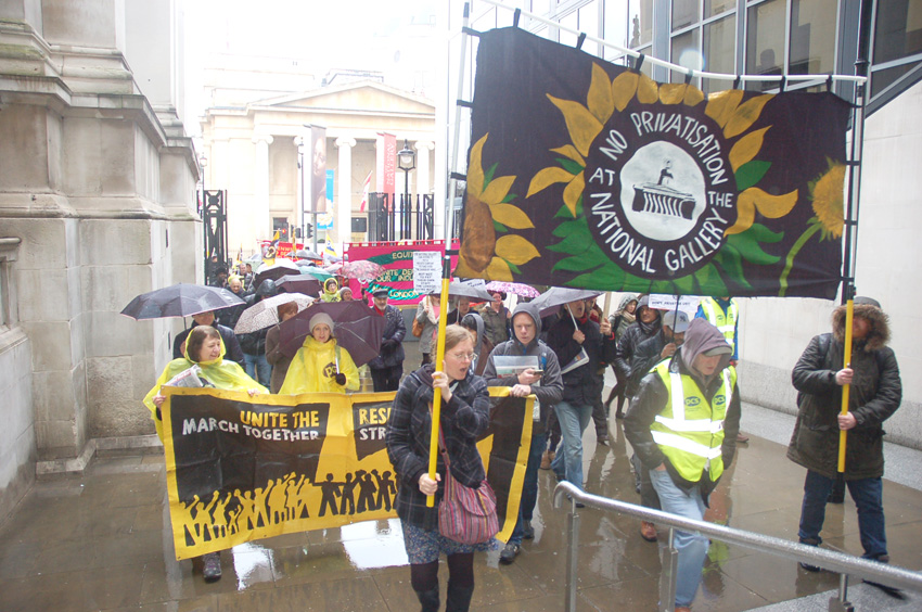 A section of the march of PCS strikers and supporters as they headed from the National Gallery’s Sainsbury wing yesterday
