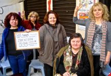 The group of sacked women cleaners at the Camp of Struggle. One of them holds the tablet stating the 301 days of the fight