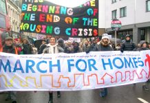 Thousands marched from Shoreditch Church and from south east London to City Hall to demand an end to evictions and council homes for all