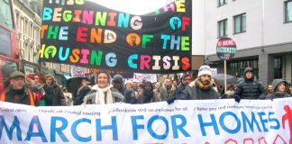 Thousands marched from Shoreditch Church and from south east London to City Hall to demand an end to evictions and council homes for all