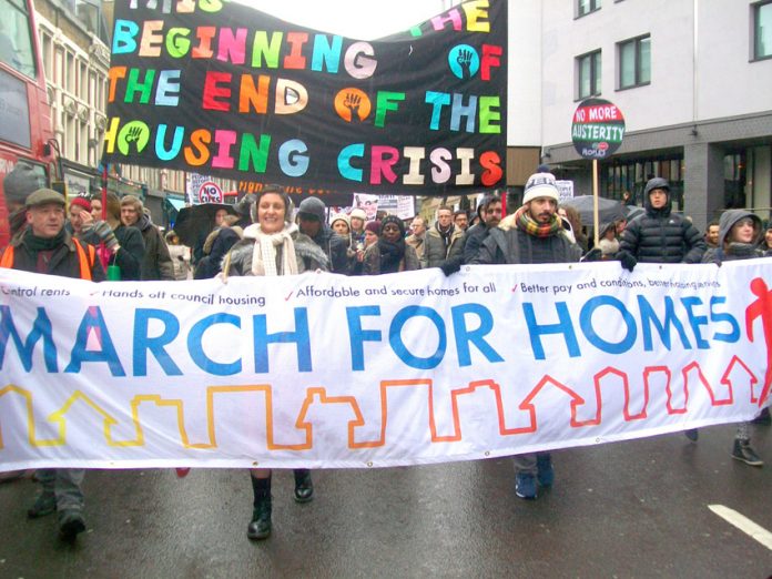 Thousands marched from Shoreditch Church and from south east London to City Hall to demand an end to evictions and council homes for all