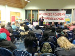 HANK ROBERTS addressing the meeting in Willesden against the St Andrew and St Francis C of E Primary School being forced to become an academy
