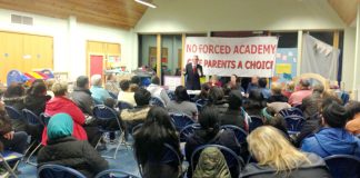 HANK ROBERTS addressing the meeting in Willesden against the St Andrew and St Francis C of E Primary School being forced to become an academy