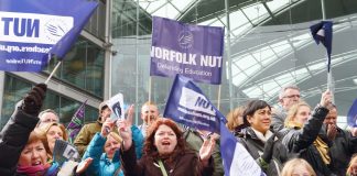 Teachers rally in Norwich during the strike in March last year – they are opposing Free Schools