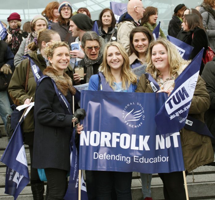 Teachers on strike in Norwich last year – the NUT is opposed to Free Schools and Academies and demands properly funded conncil-run state schools