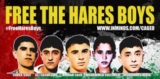 Poster campaigning for the release of the five ‘Hares Boys’ imprisoned by the Israeli state