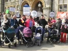 Angry mothers with their children outside Ealing Town Hall lobbying Ealing Clinical Commissioning Group demanding that the Ealing maternity unit be kept open