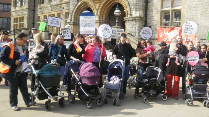 Angry mothers with their children outside Ealing Town Hall lobbying Ealing Clinical Commissioning Group demanding that the Ealing maternity unit be kept open