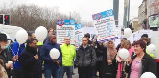 Limehouse surgery practice nurse JUNE GRAY addressing yesterday’s protest against cuts to east London GP surgeries