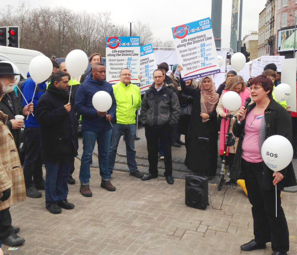 Limehouse surgery practice nurse JUNE GRAY addressing yesterday’s protest against cuts to east London GP surgeries